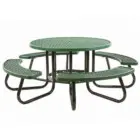 Green round picnic table with curved bench seating.