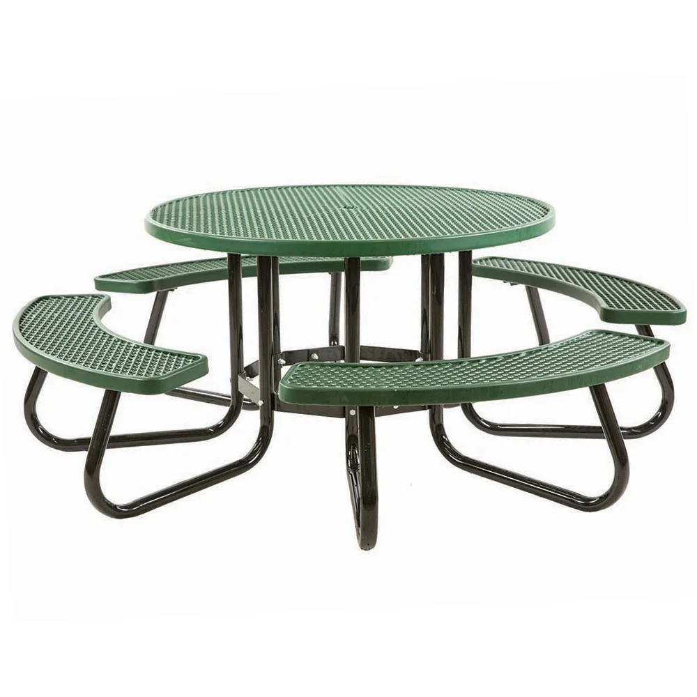 RTRCVP003Rcrop Green round picnic table with curved bench seating.