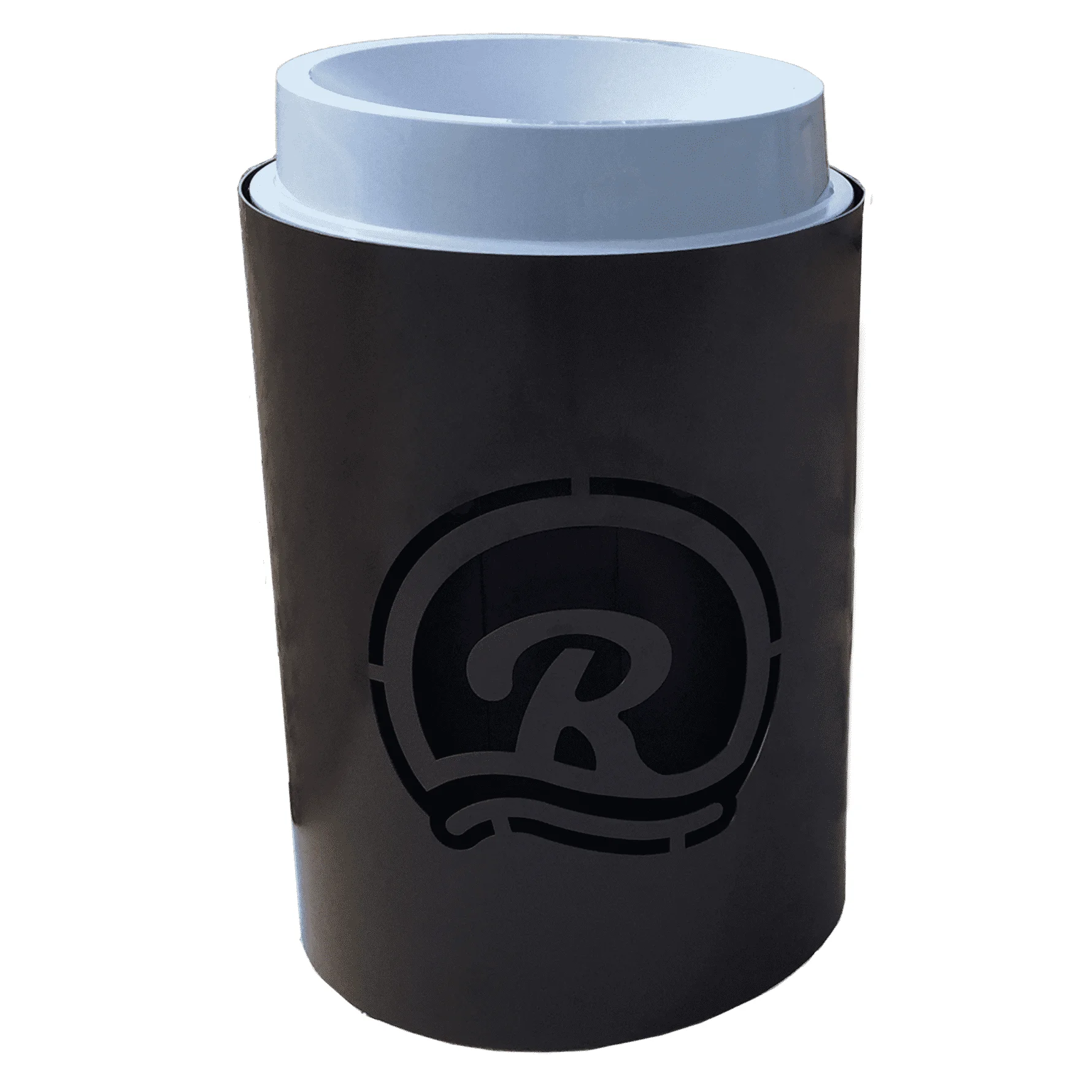 Black and light blue cup sleeve with a logo.