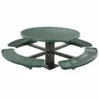 Round picnic table with green seats and a black base.