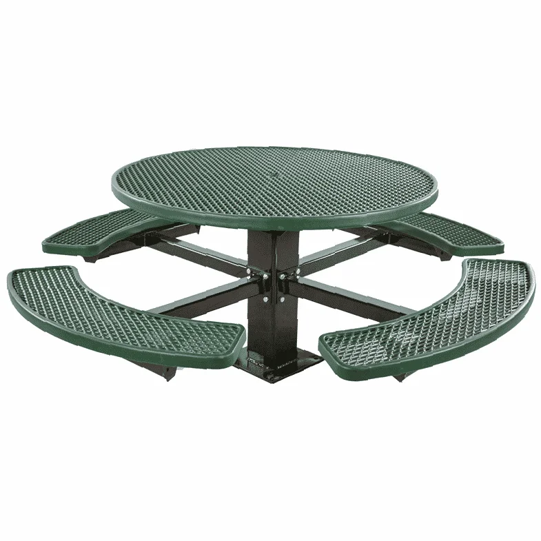 Round picnic table with green seats and a black base.