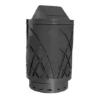Black outdoor trash can with decorative cutouts.
