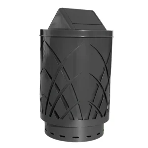 Black outdoor trash can with decorative cutouts.