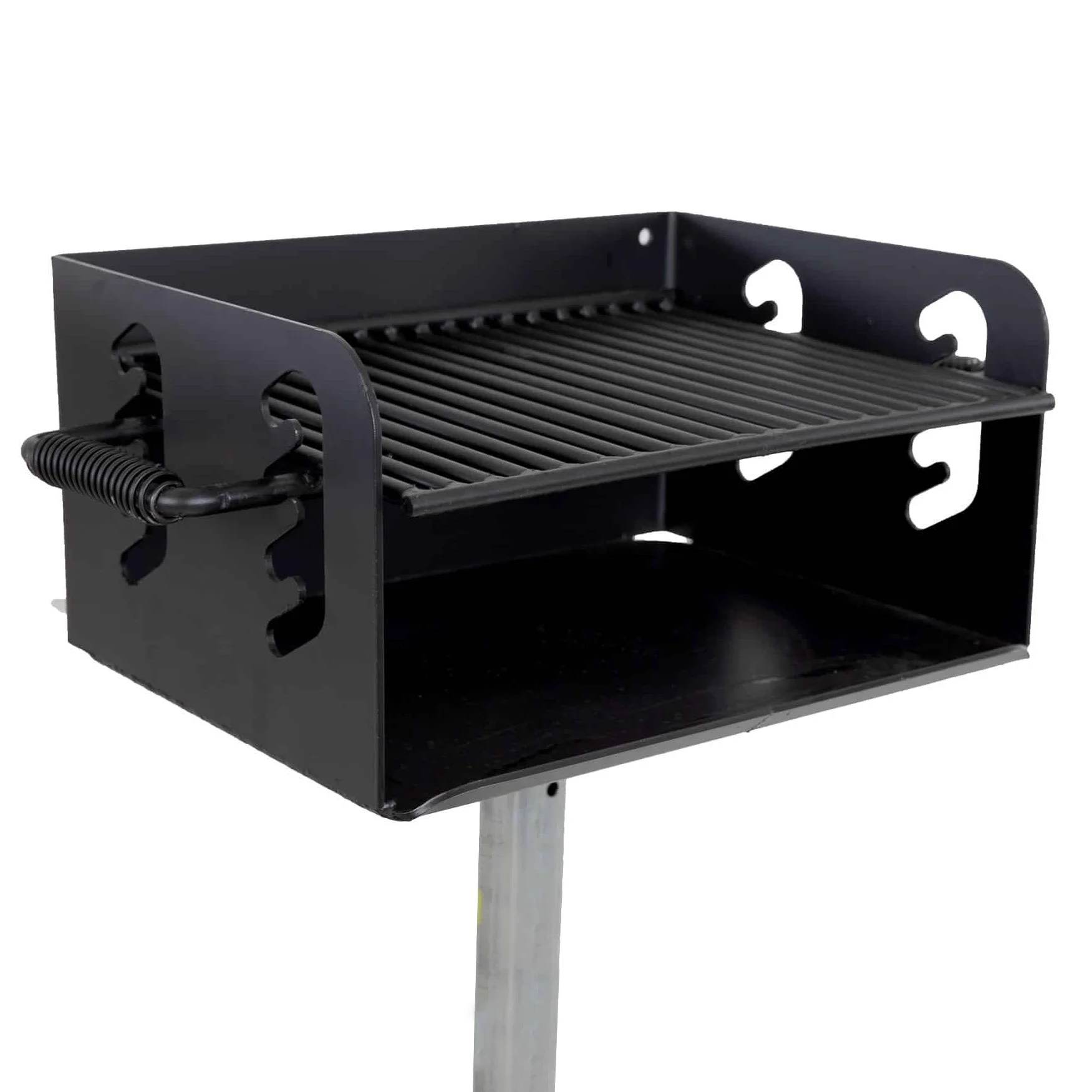 Black grill on a stand.