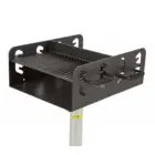 Black metal grill rack attached to a white pole.