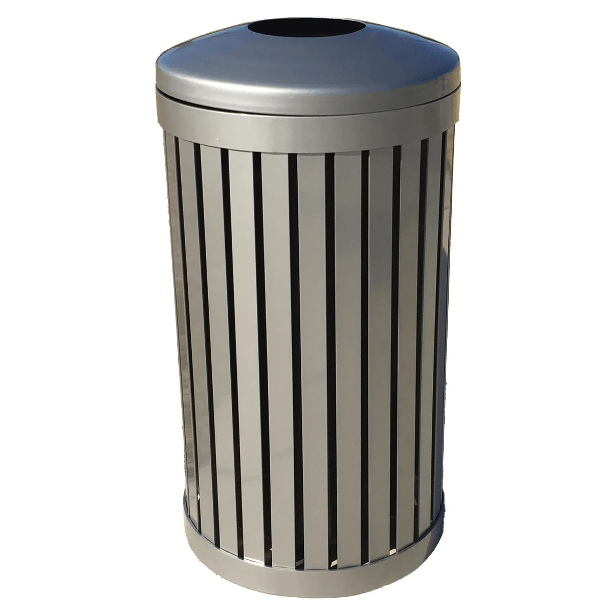 Silver and blue trash can.