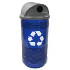 Recycling bin with blue body and perforated design.