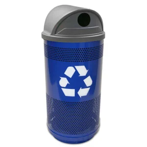 Recycling bin with blue body and perforated design.