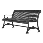 Black metal bench with curved armrests and ornate legs.