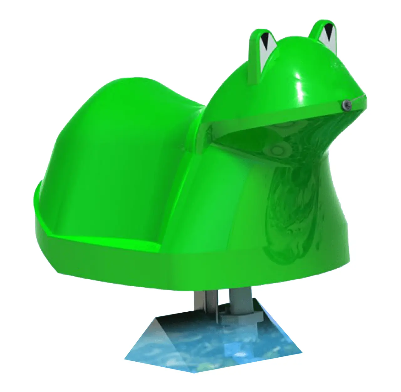 Green frog-shaped device on a stand.