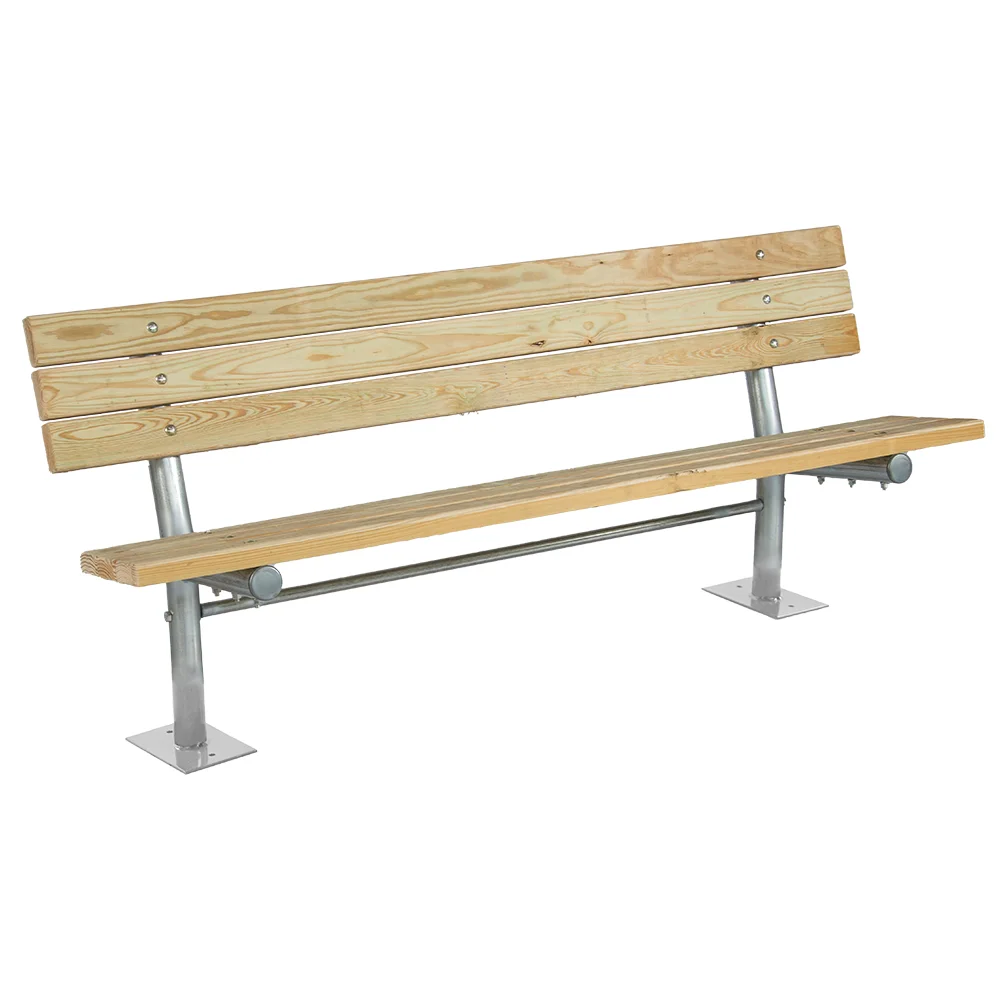 Stationary-with-back Wooden bench with metal supports and screws.