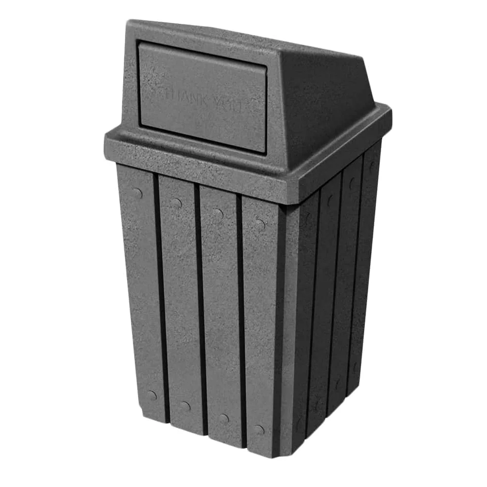 TC32LRD-dark-copy Gray trash can with a lid and vertical slats.
