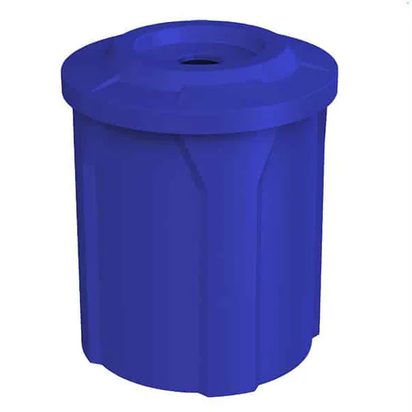 Blue plastic trash can.