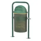 Green outdoor trash can with a lid and perforated sides.