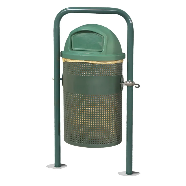 TT52IG Green outdoor trash can with a lid and perforated sides.