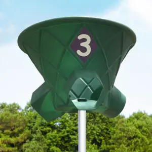 Golf tee marker with number 3 on a green background.
