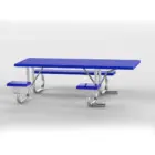 Blue picnic table with metal legs and benches.