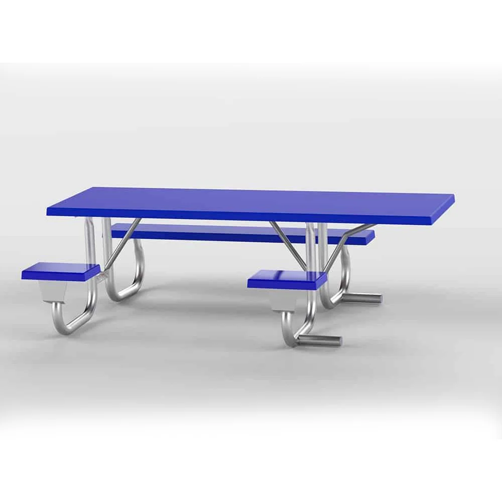 U8J2GF-EWCblue Blue picnic table with metal legs and benches.