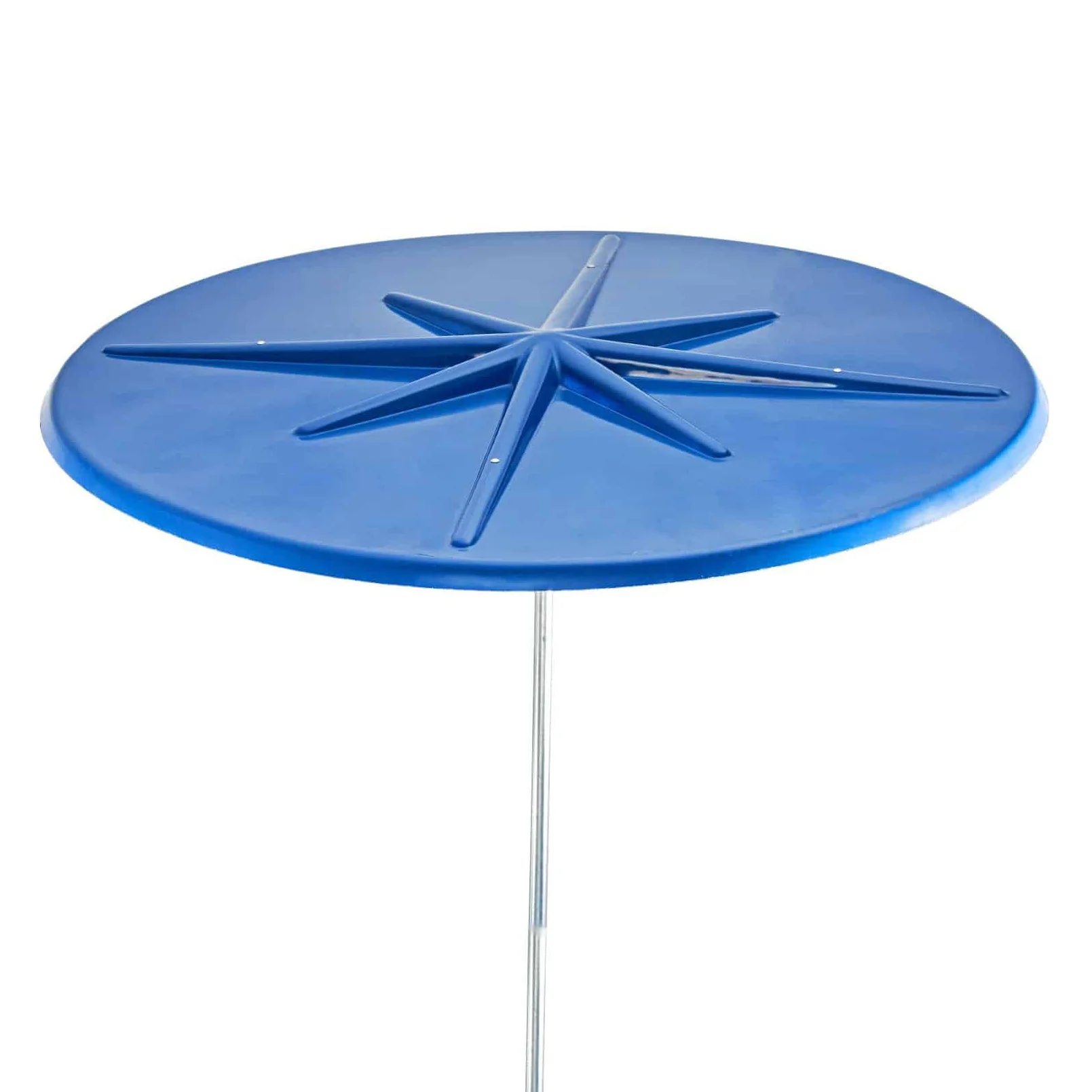 Blue circular object with star-like cutouts and a pole.