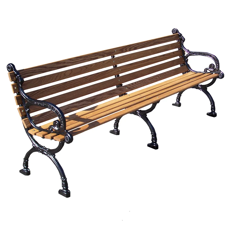 Victorian-Bench Wooden park bench with black metal armrests and legs.