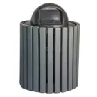Black outdoor trash can with a dome lid.