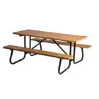 Wooden picnic table with black metal frame.