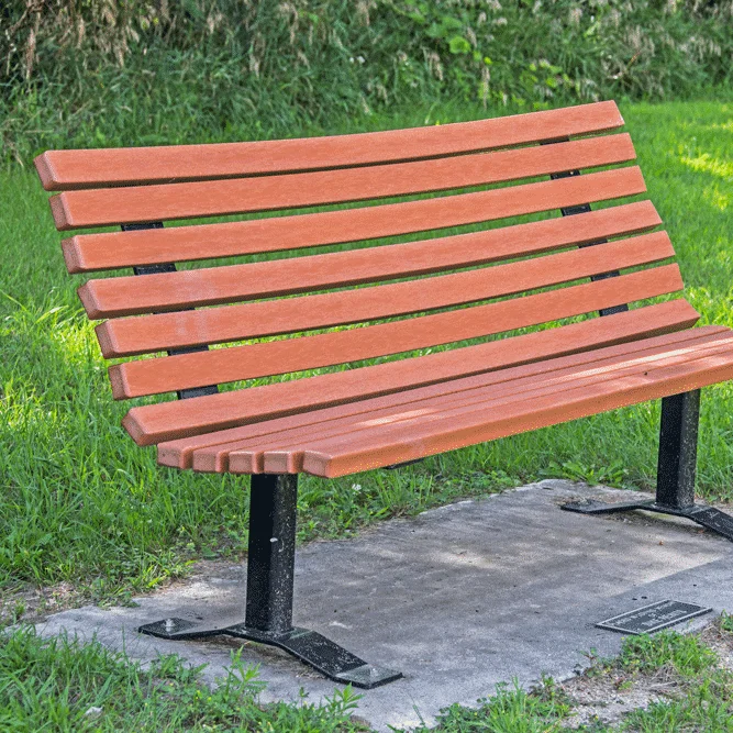 WS6LCBRP-cedar Wooden bench in a park setting.