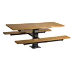 Wooden picnic table with black metal frame.