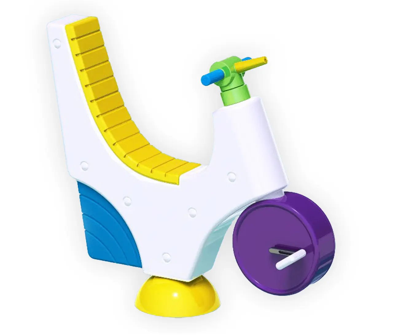 WaterBike Colorful children's scooter toy with a yellow seat and purple wheel.