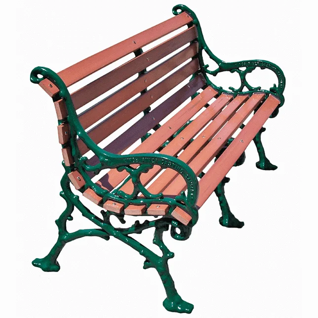 Woodland-Bench-2 Park bench with wooden slats and green metal frame.