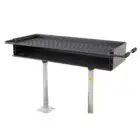 Black metal table with adjustable legs and a handle.
