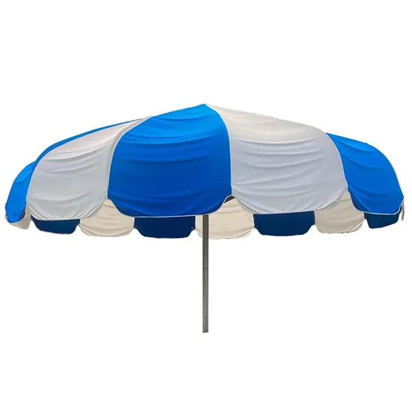 Beach umbrella in blue and white colors.