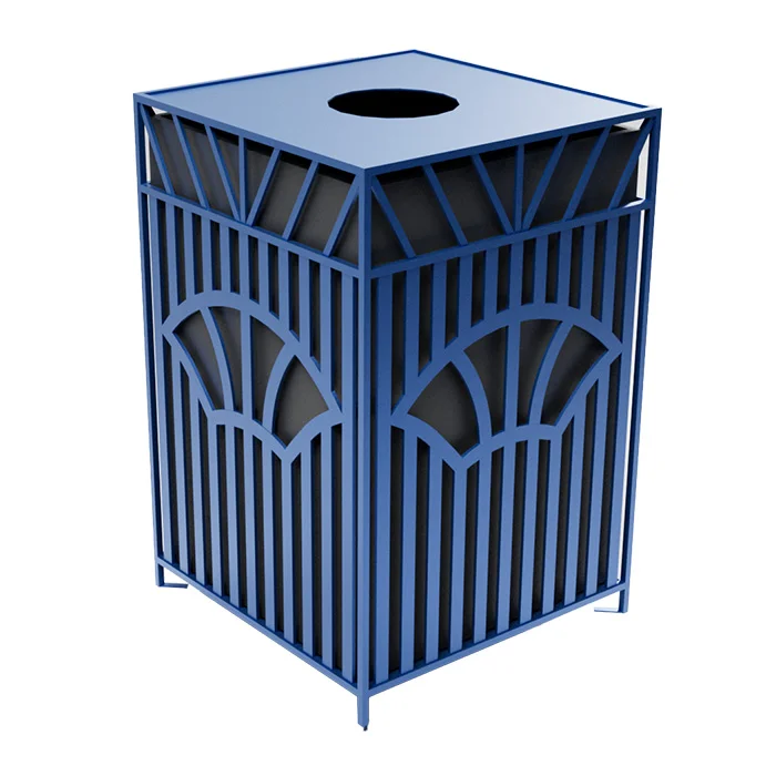 Blue metal trash can with geometric design.