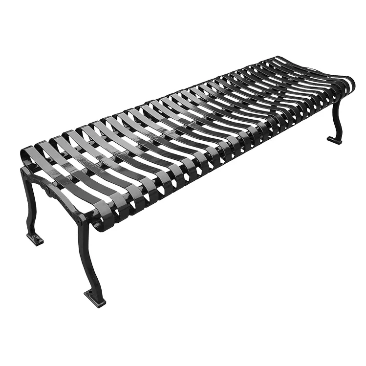 a0001201 Black metal bench with curved legs and slatted backrest.