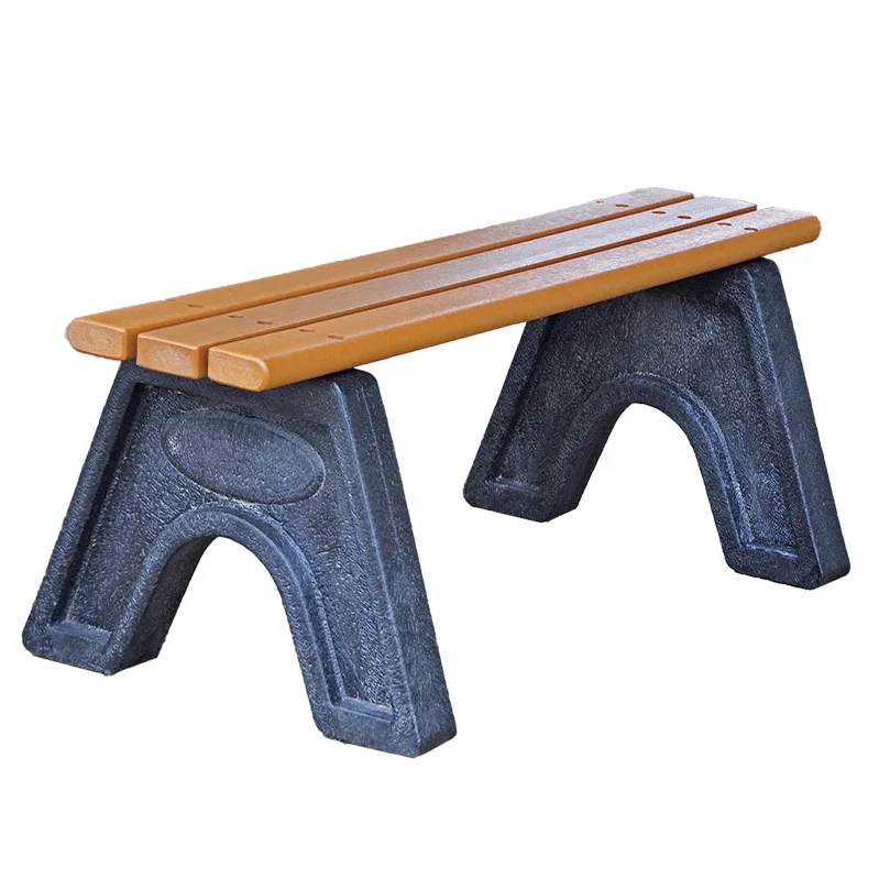a0001213-1 Outdoor bench with blue legs and orange slats.