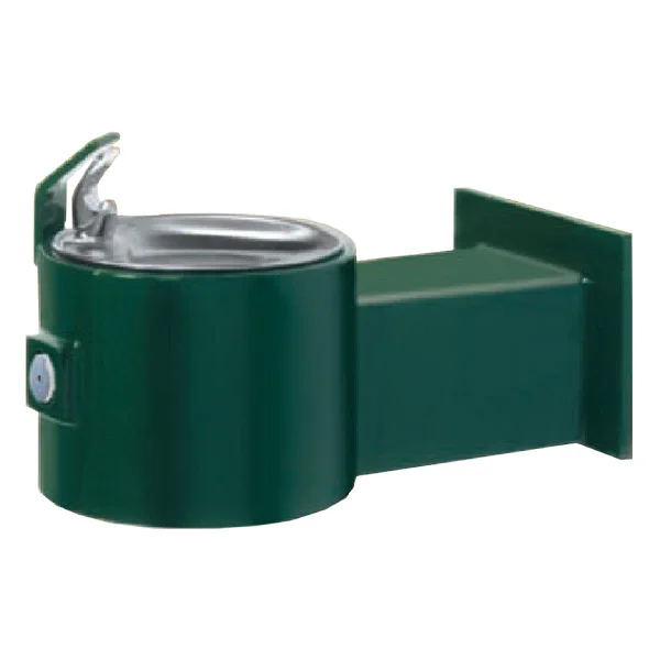 Green outdoor drinking fountain with a curved spout and a side handle.
