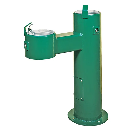 a0001284 Green outdoor drinking fountain on a pole.