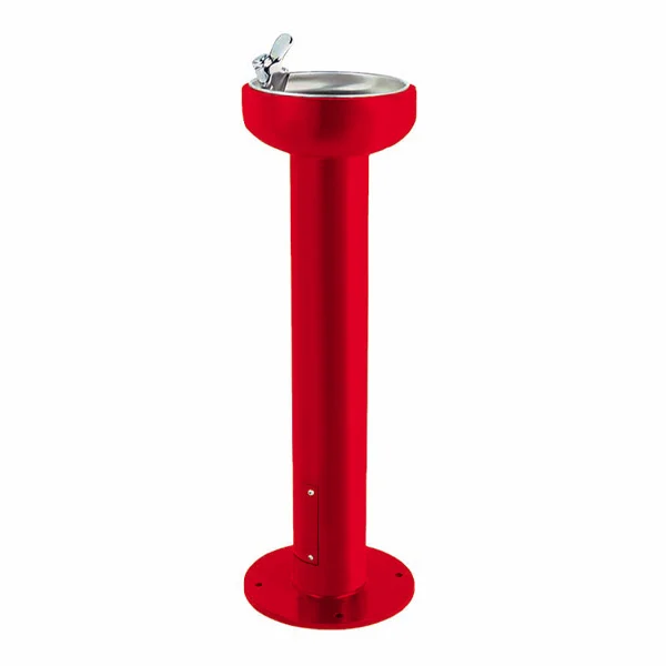 Red outdoor drinking fountain on a pole.
