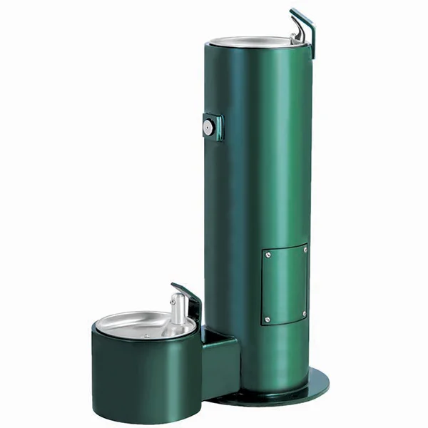 a0001288 Green outdoor water fountain with a drinking fountain and a bottle filler.
