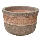 Concrete planter with decorative band and textured surface.