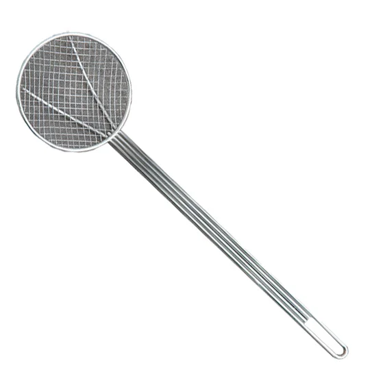 Metal fly swatter with a long handle and mesh head.