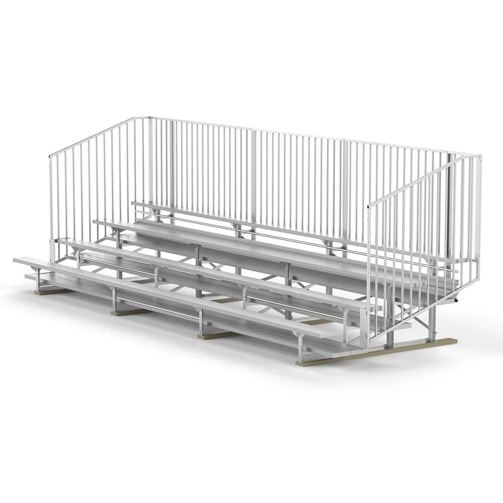 Metal bleachers with a white railing.