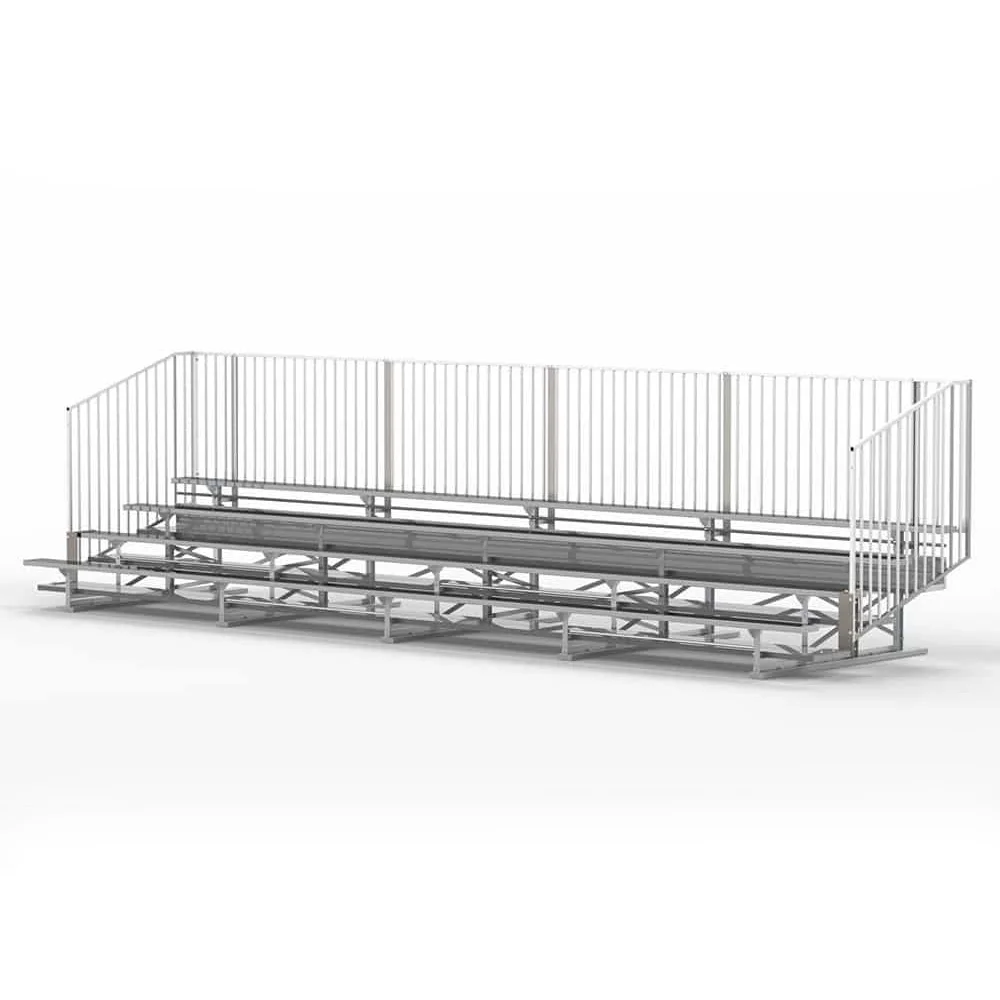 bla4a27v4f4 Metal bleachers with a white railing.