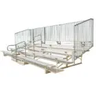 Stadium bleachers with metal railings and wooden seating.