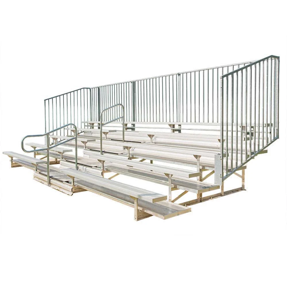 blg5a21v4f448ahr Stadium bleachers with metal railings and wooden seating.