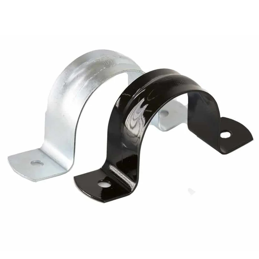 Metal conduit hangers in black and silver.