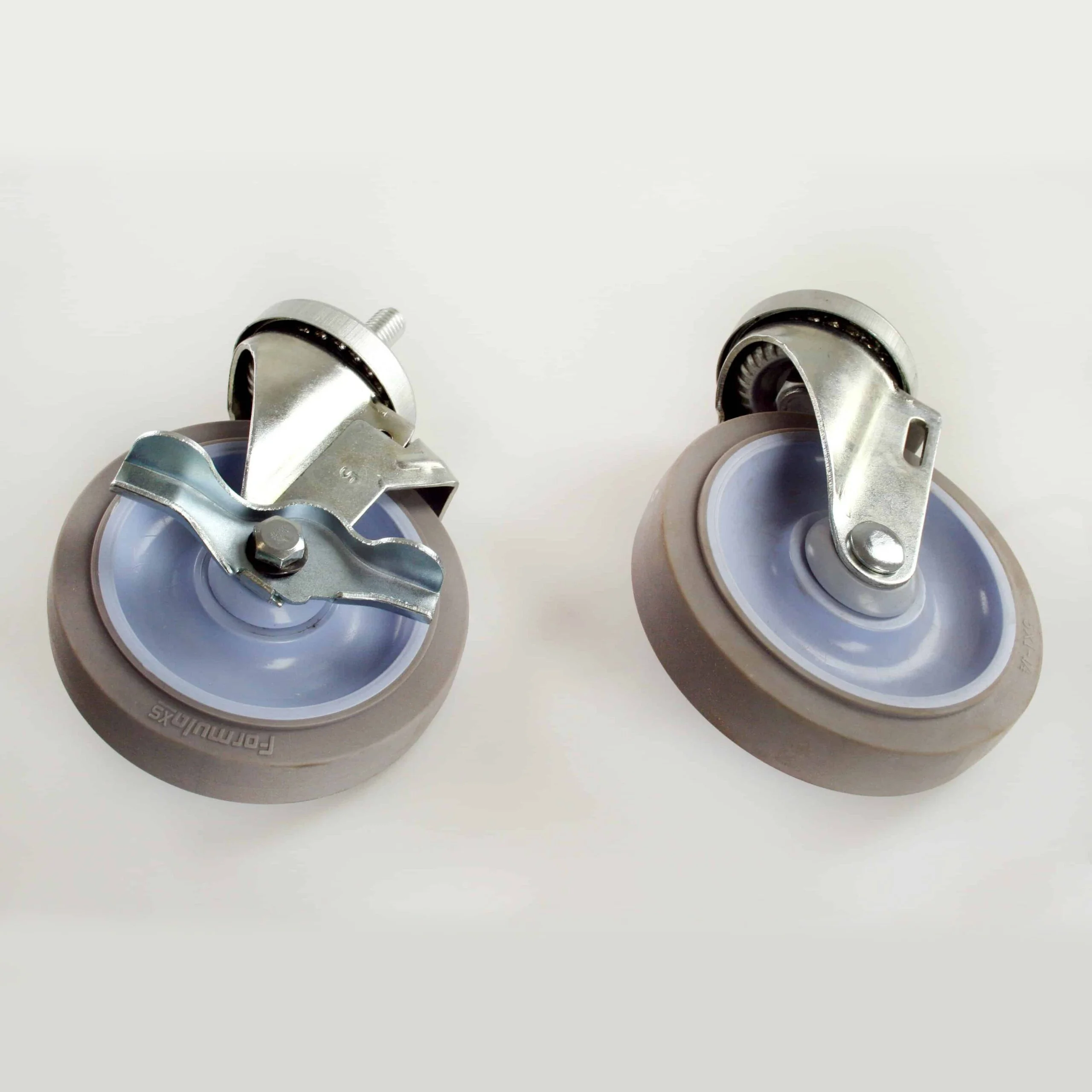 Two gray casters with blue wheels on a white background.