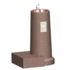 Outdoor drinking fountain with a brown textured base and a stainless steel spout.