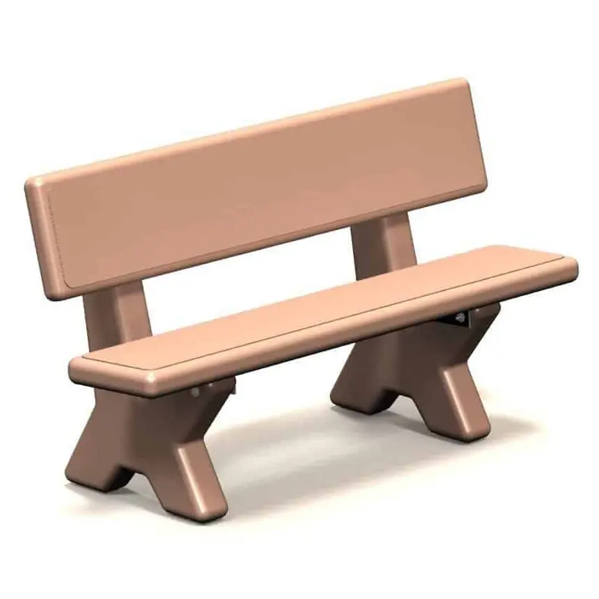 Bench with backrest and X-shaped legs in a light brown color.