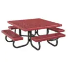 Red picnic table with black metal legs and benches.